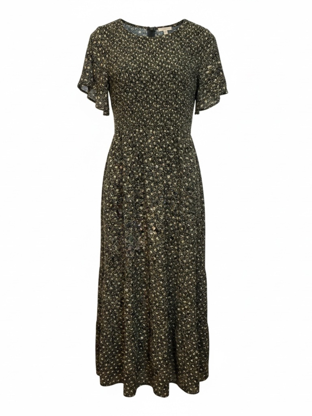 Women's Black Floral Midi Dress - Elegant Ruffle Sleeve Sz Large